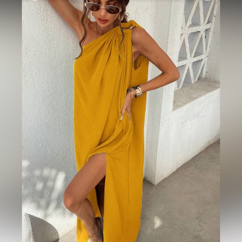 Elegant One-Shoulder Yellow Dress - Picture 11 of 16
